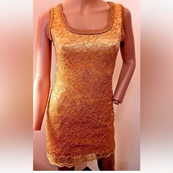 VTG 90's Emanuel Ungaro Gold Lame Metallic Lace Cocktail Mini Dress XS S